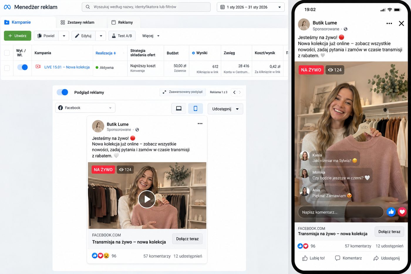 Aktywna kampania „LIVE 15.01 — Nowa kolekcja" w Menedżerze reklam z podglądem reklamy transmisji na żywo z przyciskiem „Dołącz teraz".