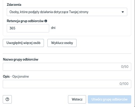 Ustawienia grupy niestandardowej: zdarzenie „Osoby, które podjęły działania dotyczące Twojej strony" i retencja 365 dni.