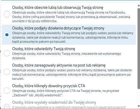 Lista zdarzeń do wyboru dla strony na Facebooku: obserwujący, osoby po interakcji, odwiedzający, kliknięcia CTA i zapisane posty.