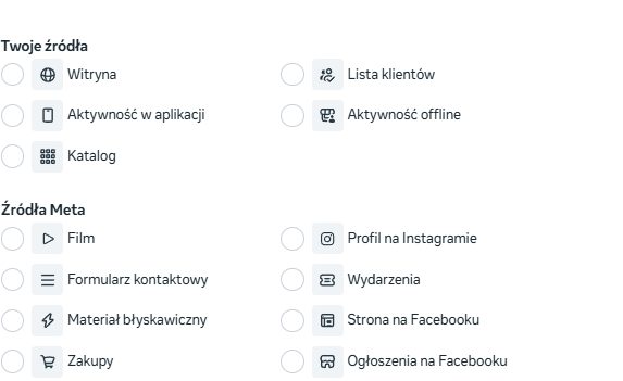 Wybór źródła niestandardowej grupy odbiorców: lista klientów, witryna, film, profil na Instagramie, strona na Facebooku i inne.